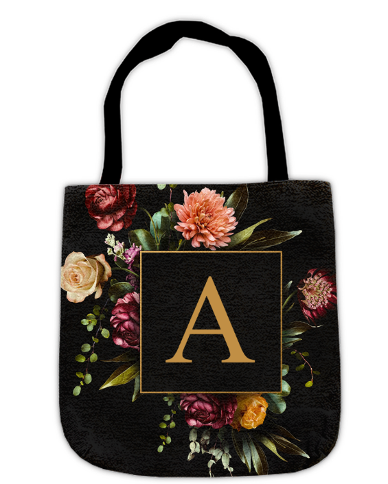Black Floral Monogram Woven Tote Bag